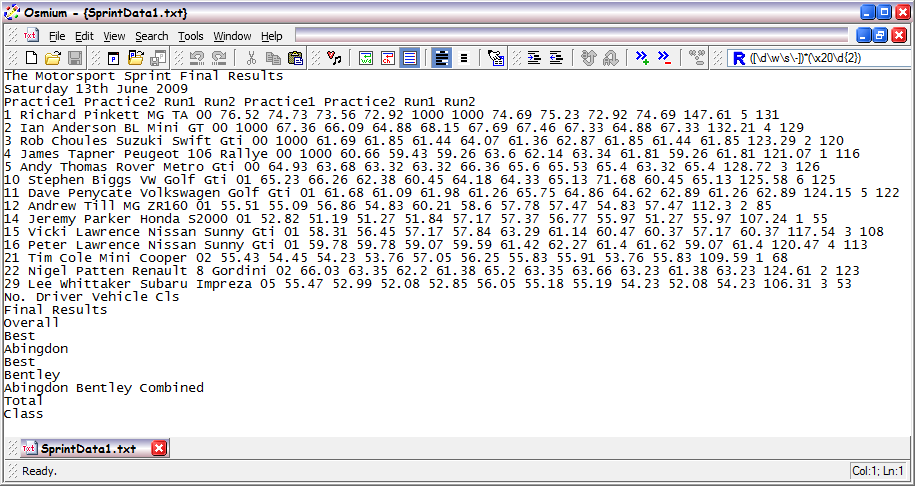 A text file containing tabular spreadsheet data