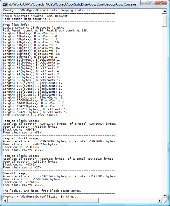 A console screenshot showing memory manager debug statistics