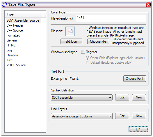The file type management dialog