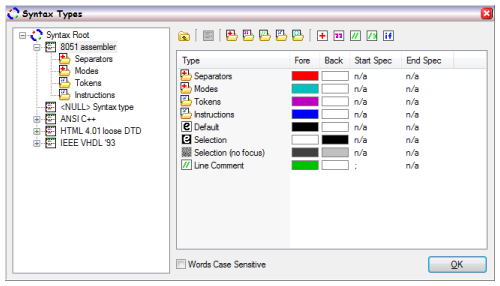 The syntax type management dialog